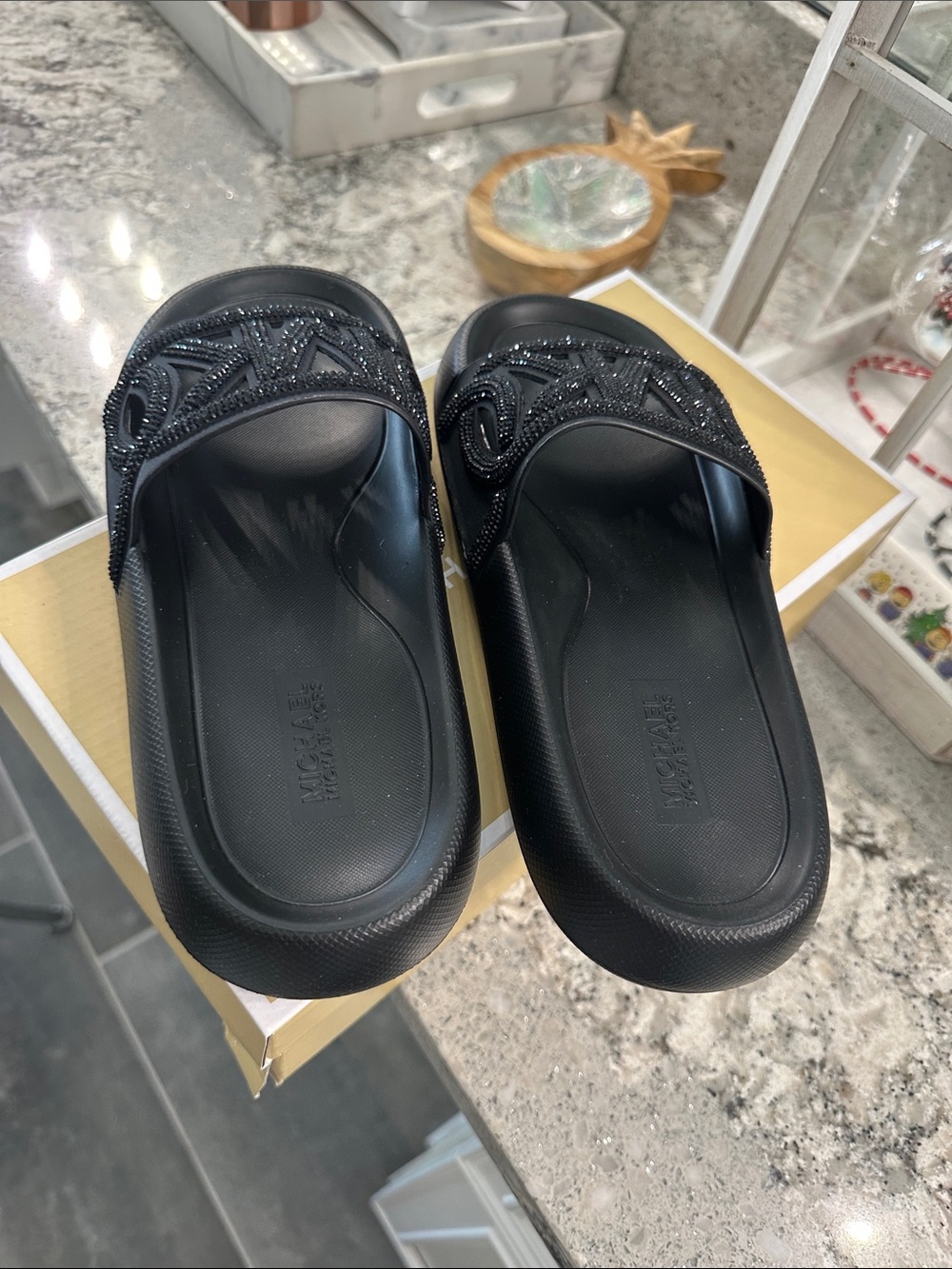 Brand NEW Michael Kors Black Crystal MK Logo Slide Sandals - Picture 2 of 3